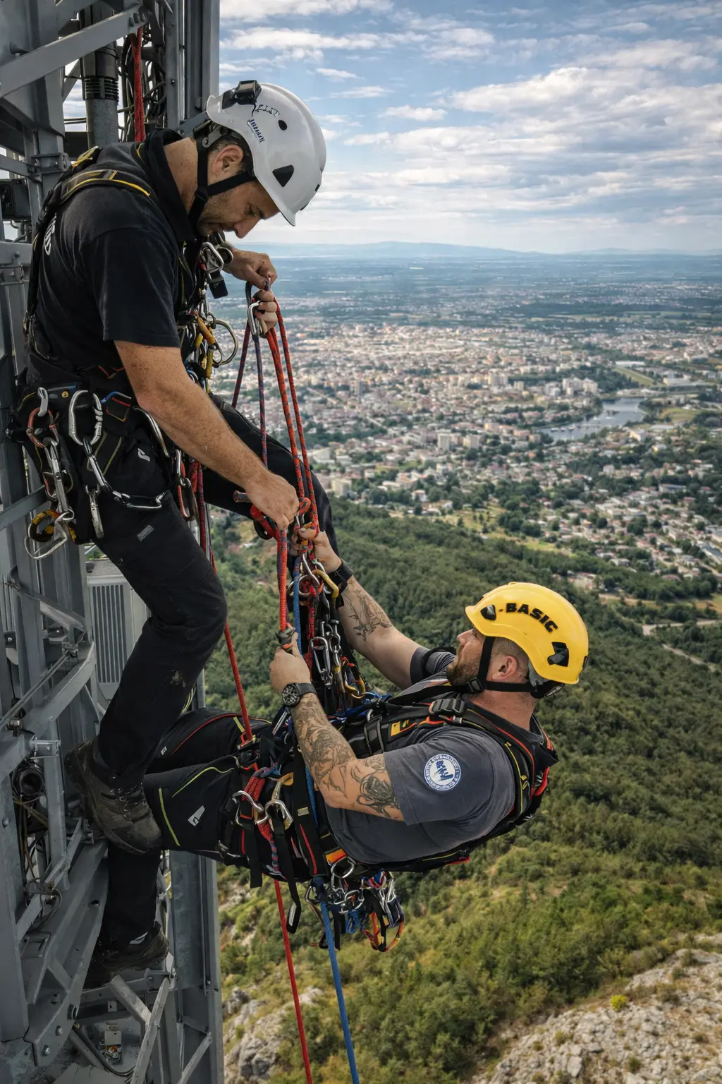 Dos técnicos realizando un ejercicio de rescate vertical en una torre de telecomunicaciones